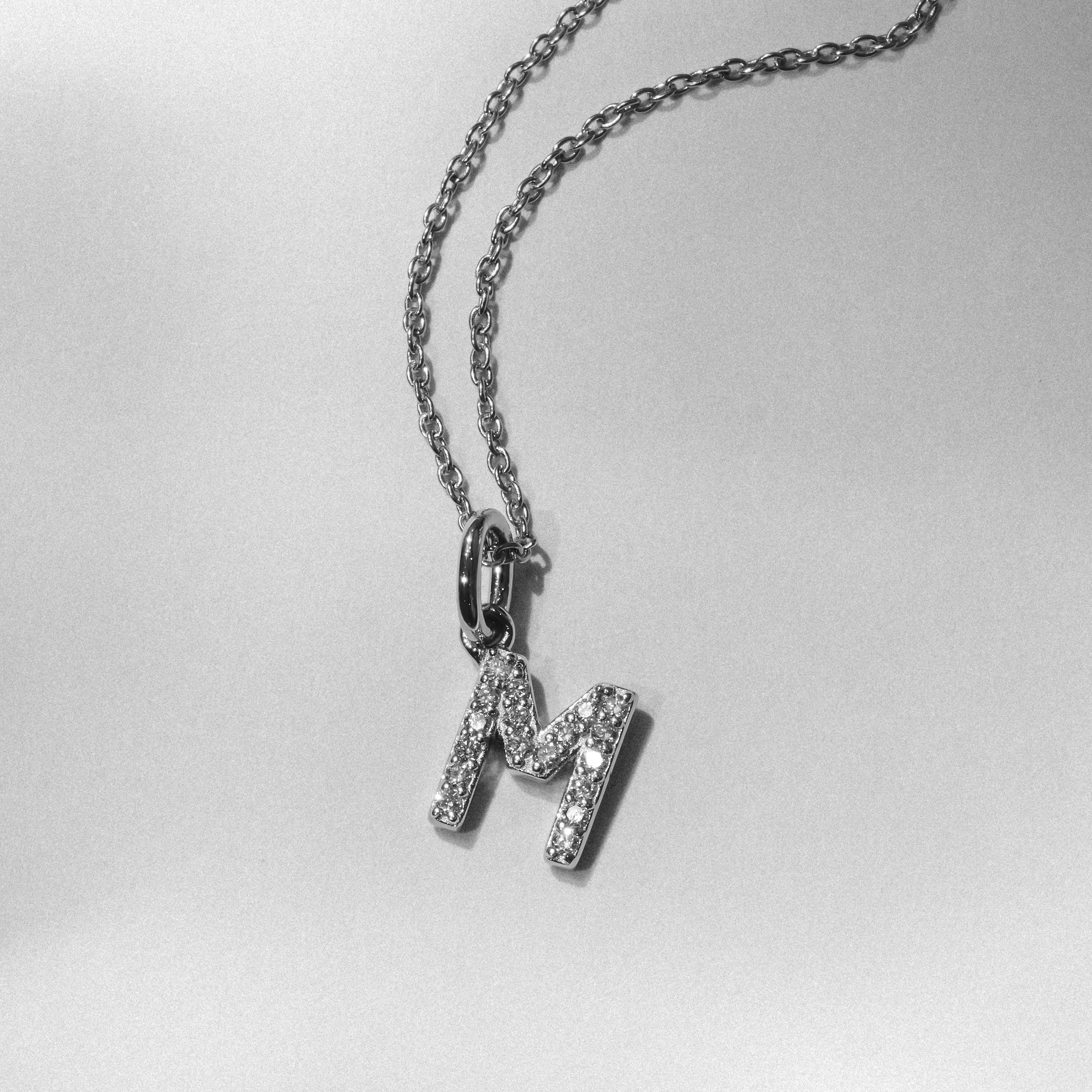 Love Letter Initial M Lab Diamond Necklace set in 925 Sterling Silver